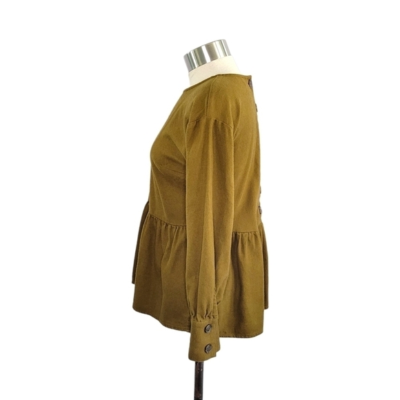 Madewell Flannel Button-Back Peplum Long Sleeve Top Size XXS Olive Green/Brown - Picture 2 of 8